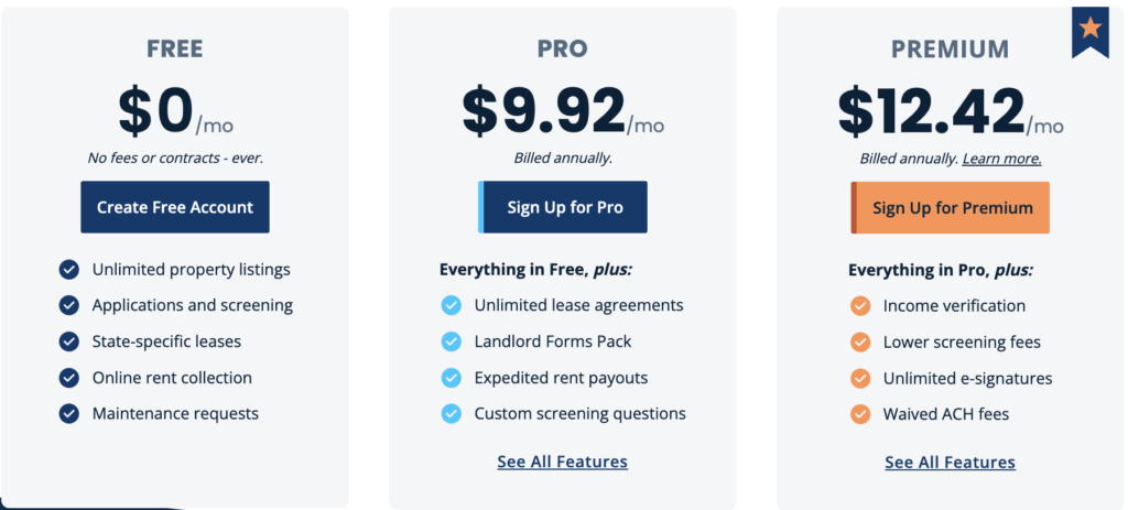 TurboTenant Pricing comparison chart for three account tiers: Free ($0/mo), Pro ($9.92/mo), and Premium ($12.42/mo). Free includes basic features; Pro adds screening and document packs; Premium includes identity verification and lower fees.